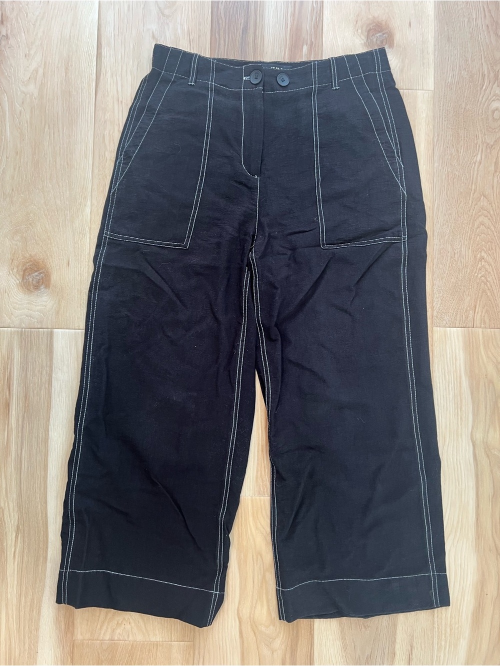 Dkny Black Wide-Leg Pants with Contrasting White Topstitch Size 6